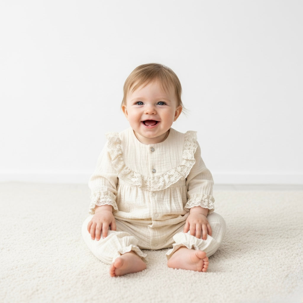 Emilia Ruffle Muslin Romper Honey and Hive