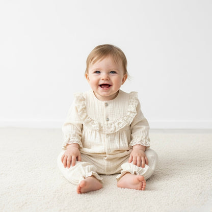 Emilia Ruffle Muslin Romper Honey and Hive