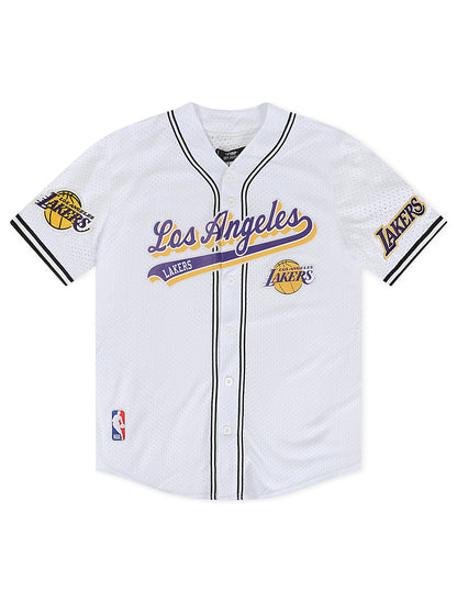 Pro Standard LA Lakers Script Tail Mesh Button Down Shirt - White/Black Denim Exchange