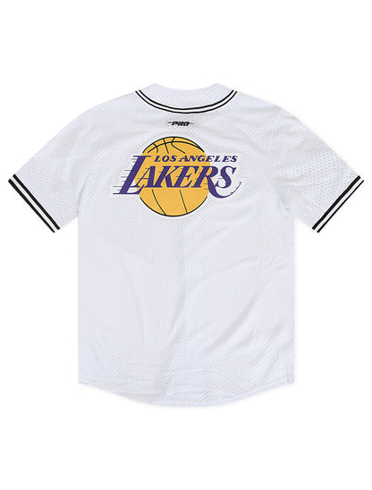 Pro Standard LA Lakers Script Tail Mesh Button Down Shirt - White/Black Denim Exchange