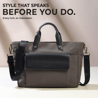 Voyager Canvas Leather Briefcase, Gray Classy Leather Bags