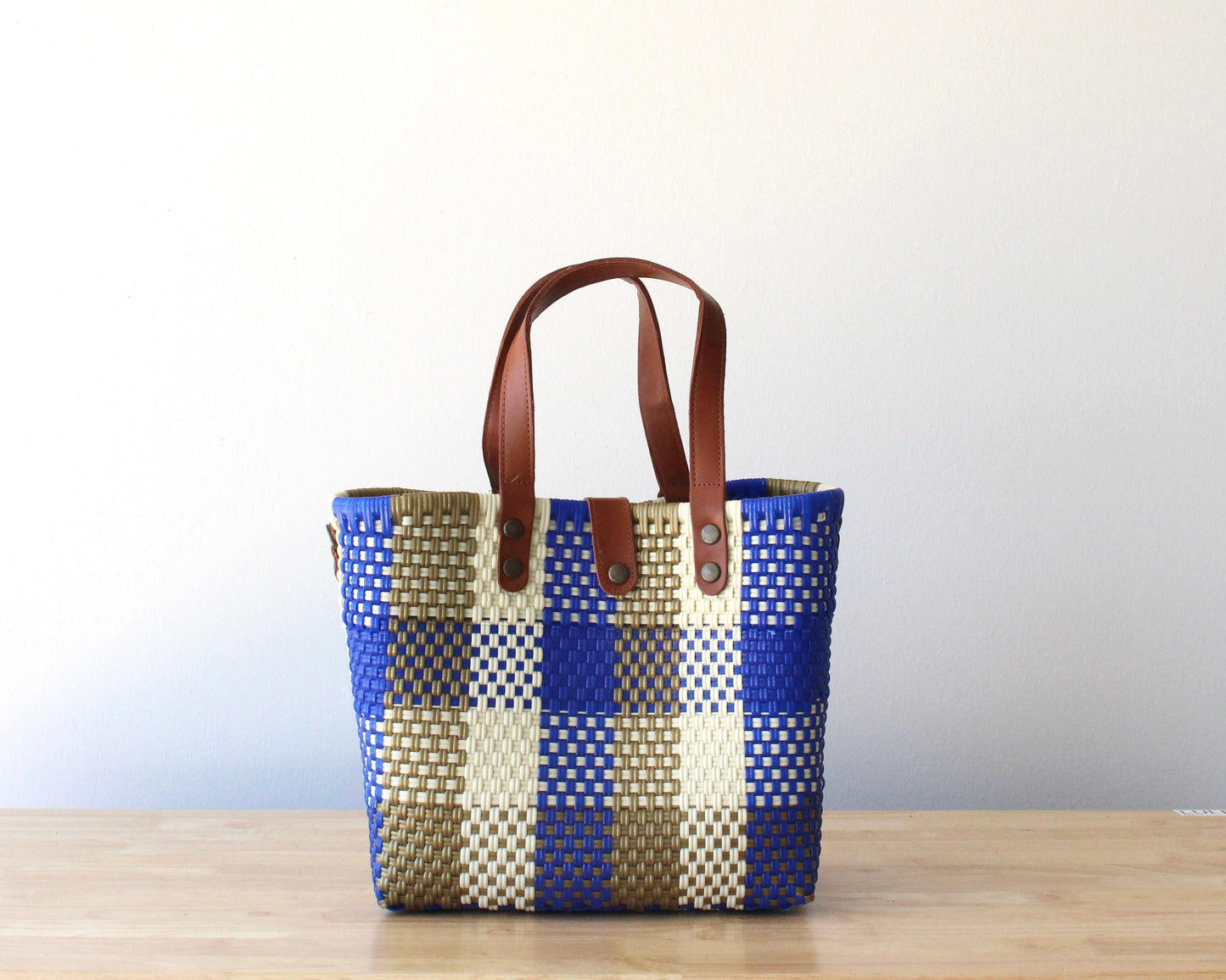 MexiMexi Royal Blue Checkered Bag – Handmade Tote with Leather Handles MexiMexi