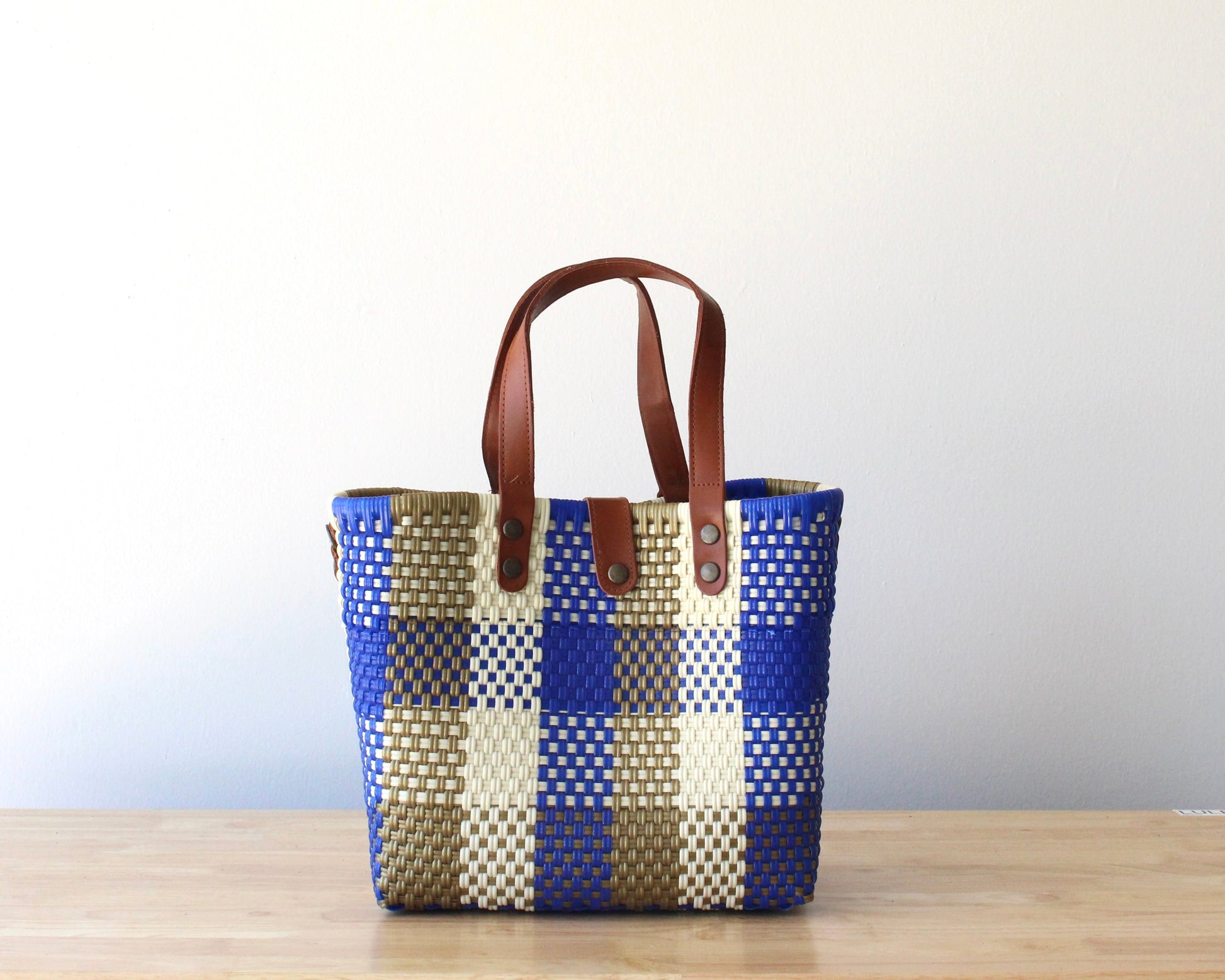 MexiMexi Royal Blue Checkered Bag – Handmade Tote with Leather Handles MexiMexi