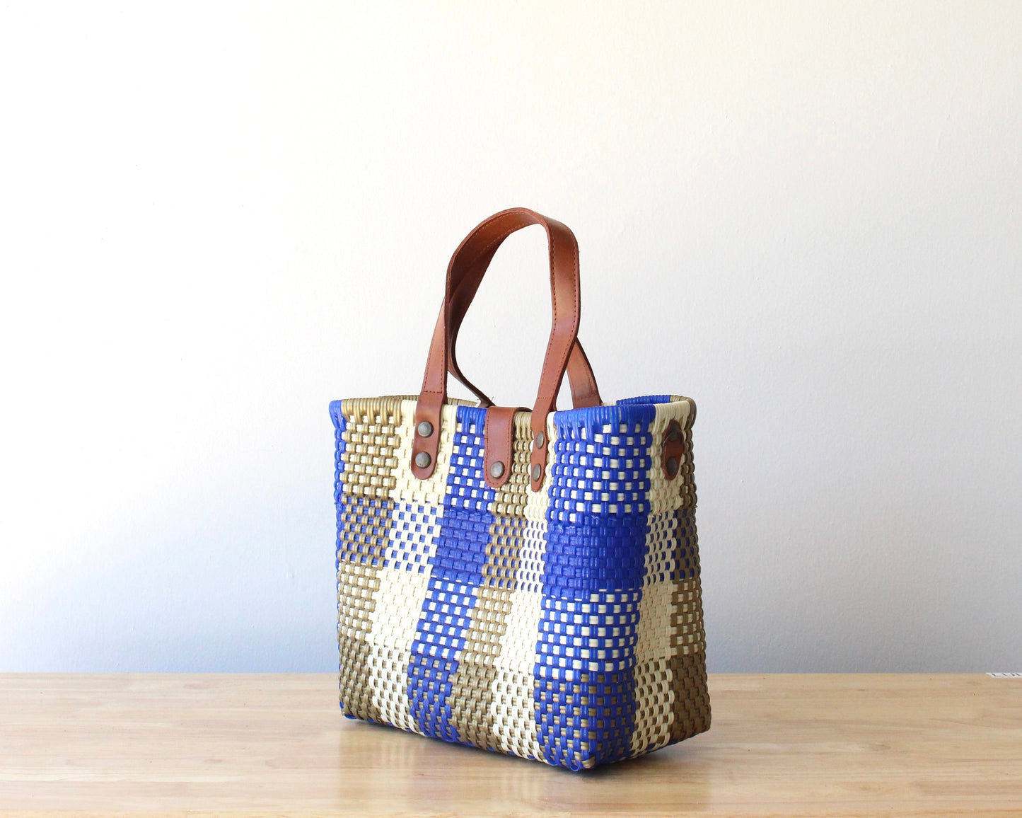 MexiMexi Royal Blue Checkered Bag – Handmade Tote with Leather Handles MexiMexi