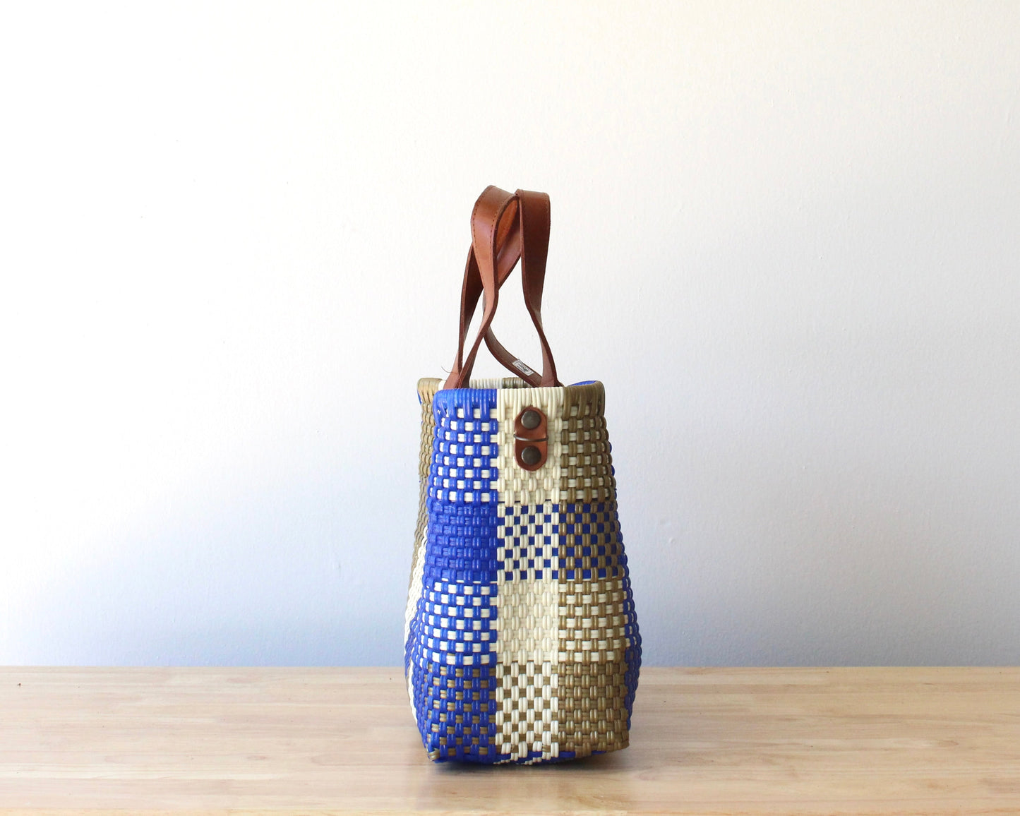 MexiMexi Royal Blue Checkered Bag – Handmade Tote with Leather Handles MexiMexi