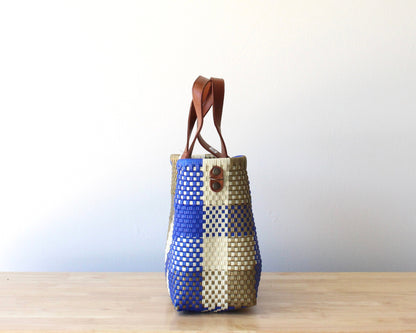 MexiMexi Royal Blue Checkered Bag – Handmade Tote with Leather Handles MexiMexi