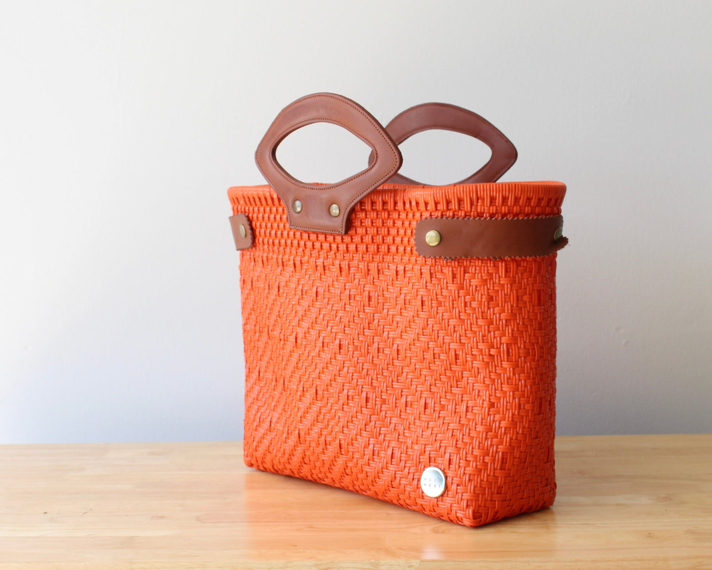 Orange Handwoven Tote Bag with Leather Handles MexiMexi