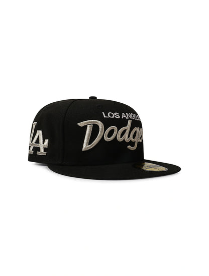 New Era 5950 Dodgers Side LA Metallic Script Hat - Black/Silver Denim Exchange