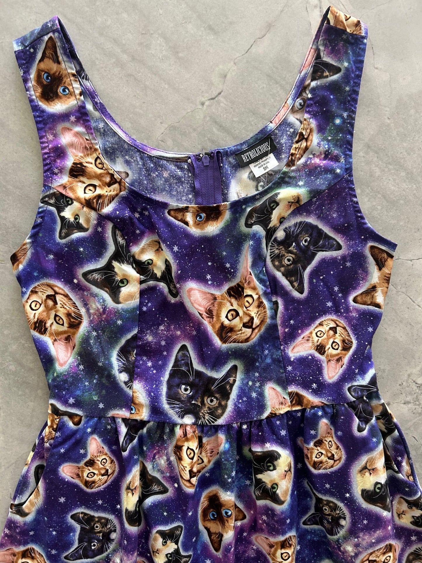 Galaxy Cats Shorter Length Fit & Flare Dress - Small Only Retrolicious