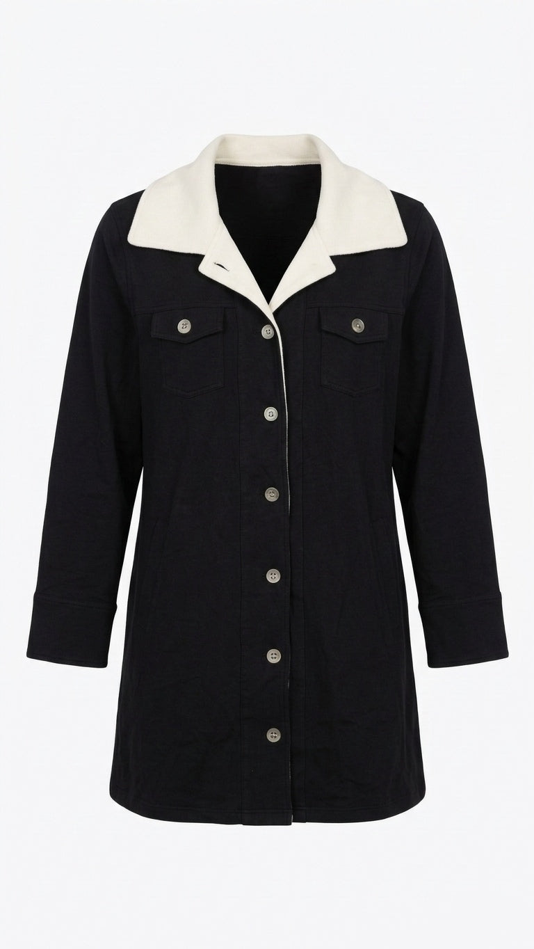 Women’s Black Button Down Shirt White Contrast Collar Tunic-M Tinyloverclothing