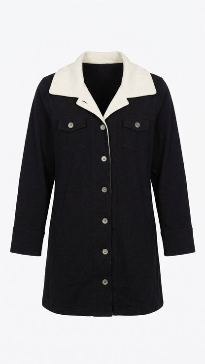 Women’s Black Button Down Shirt White Contrast Collar Tunic-M Tinyloverclothing
