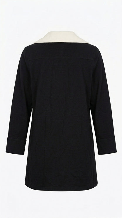 Women’s Black Button Down Shirt White Contrast Collar Tunic-M Tinyloverclothing