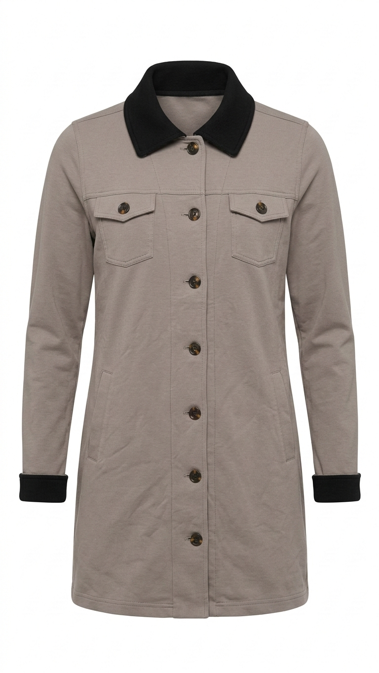 Women’s Taupe Maxi Jacket Shacket Size M Stretch French Terry Black Collar Tinyloverclothing