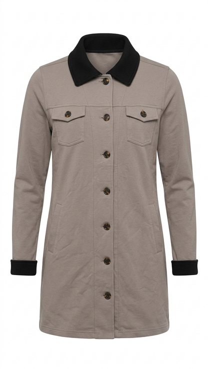 Women’s Taupe Maxi Jacket Shacket Size M Stretch French Terry Black Collar Tinyloverclothing