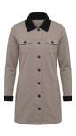 Women’s Taupe Maxi Jacket Shacket Size M Stretch French Terry Black Collar Tinyloverclothing