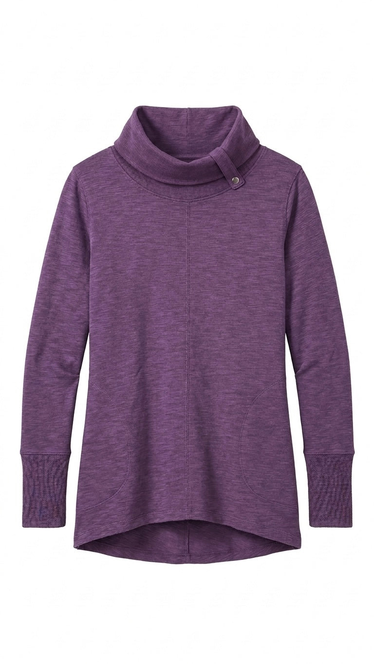 Purple 100% Cotton Slub Knit Cowl Neck Top Size Medium Asymmetrical Thumbhole Tinyloverclothing
