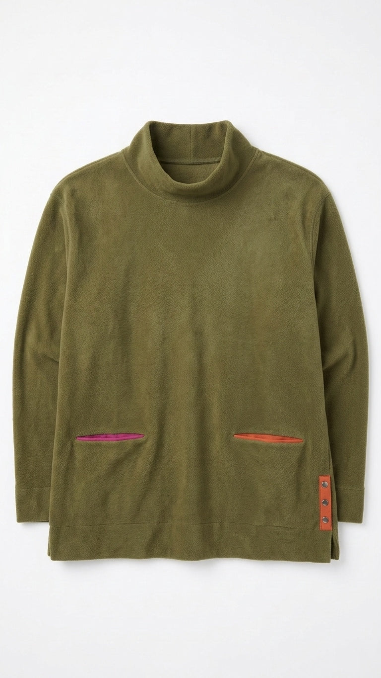 CLEARANCE! Olive Green Fleece Mock Neck Pullover - Unique Contrast Pockets Tinyloverclothing