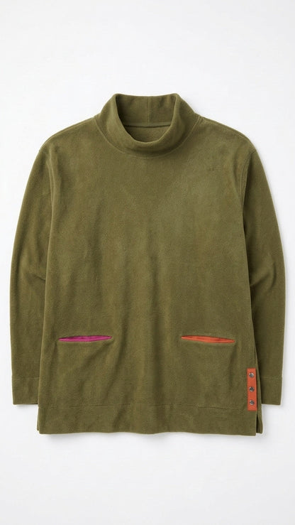 CLEARANCE! Olive Green Fleece Mock Neck Pullover - Unique Contrast Pockets Tinyloverclothing