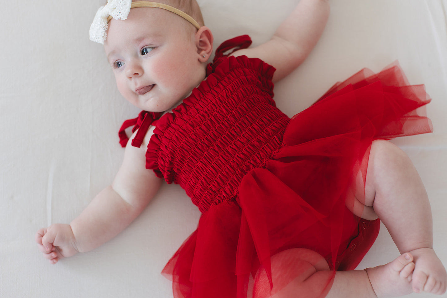 Crimson - Smocked Tulle Bodysuit Dress Blush Lotus