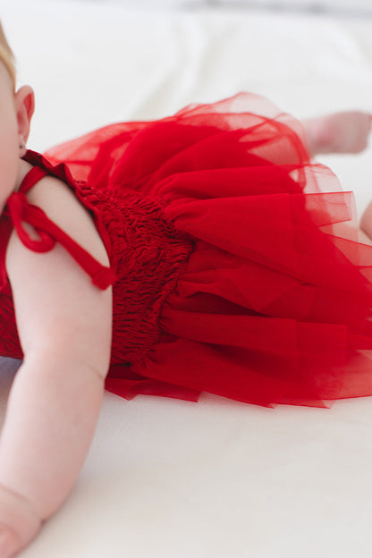 Crimson - Smocked Tulle Bodysuit Dress Blush Lotus