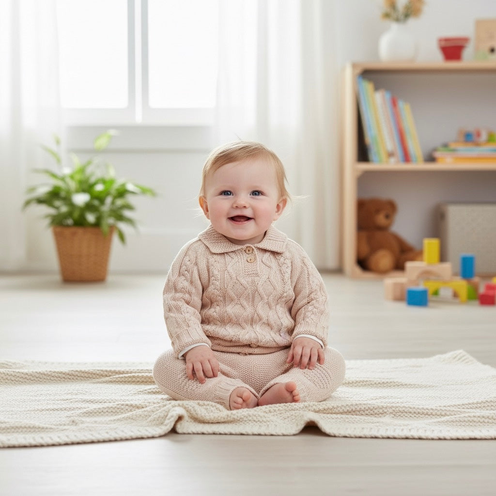 William 3 Piece Beige Cable Knit Set Honey and Hive