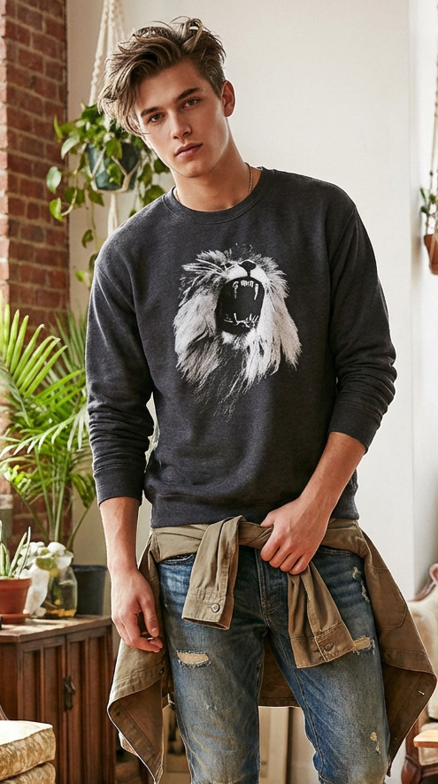 Majestic Lion, Animal Lover Gift, Cozy Casual Wear, Moss Apparel, Unisex Crewneck Sweatshirt Moss Apparel