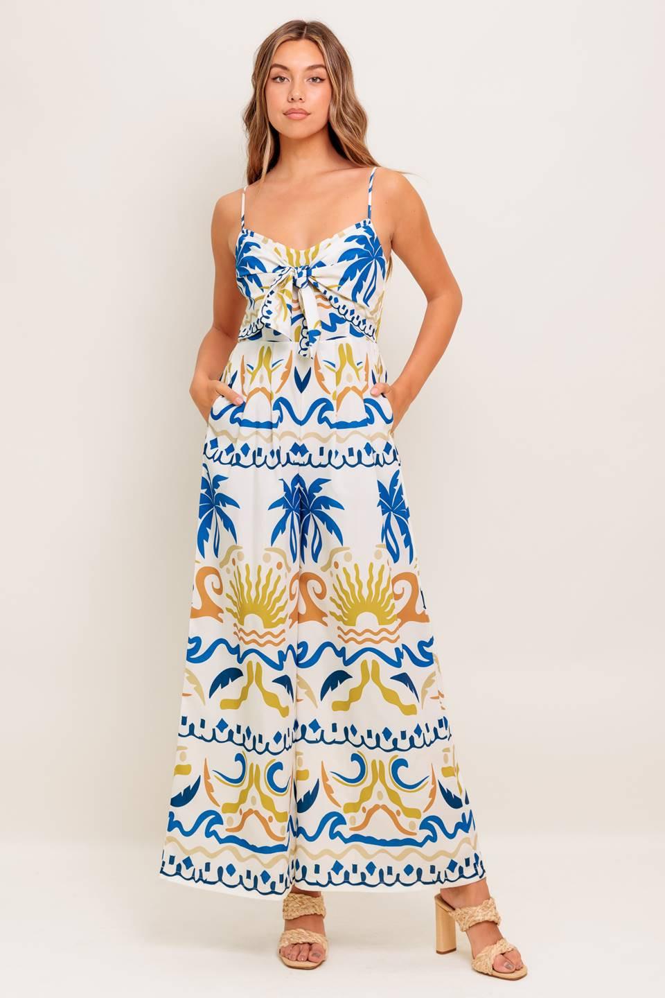 VACAY GLOW IVORY BLUE WOVEN JUMPSUIT Flying Tomato
