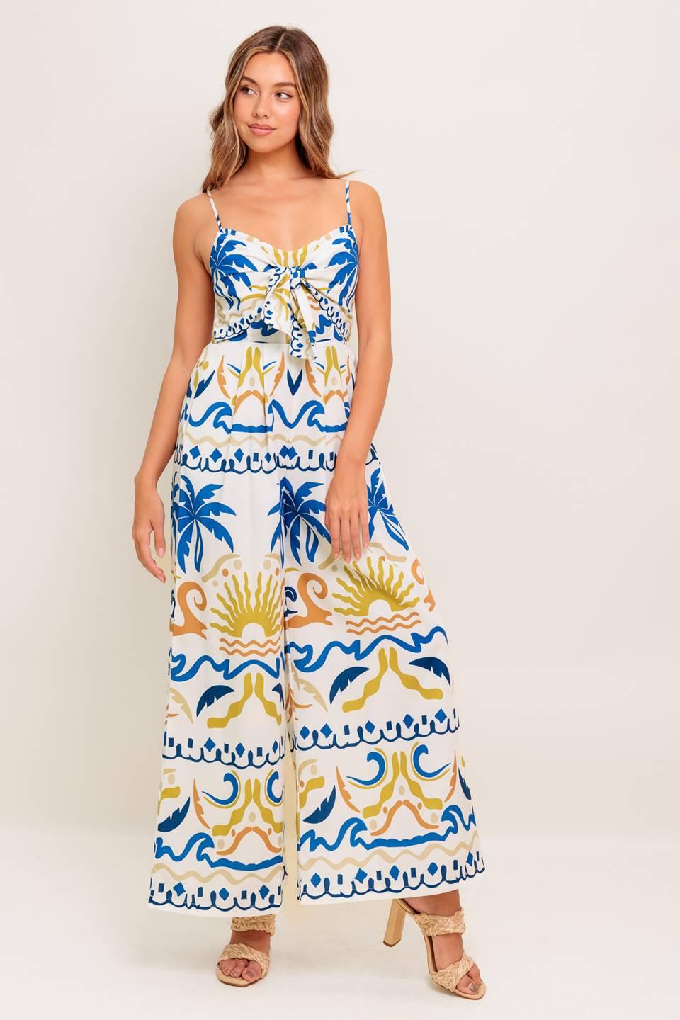 VACAY GLOW IVORY BLUE WOVEN JUMPSUIT Flying Tomato