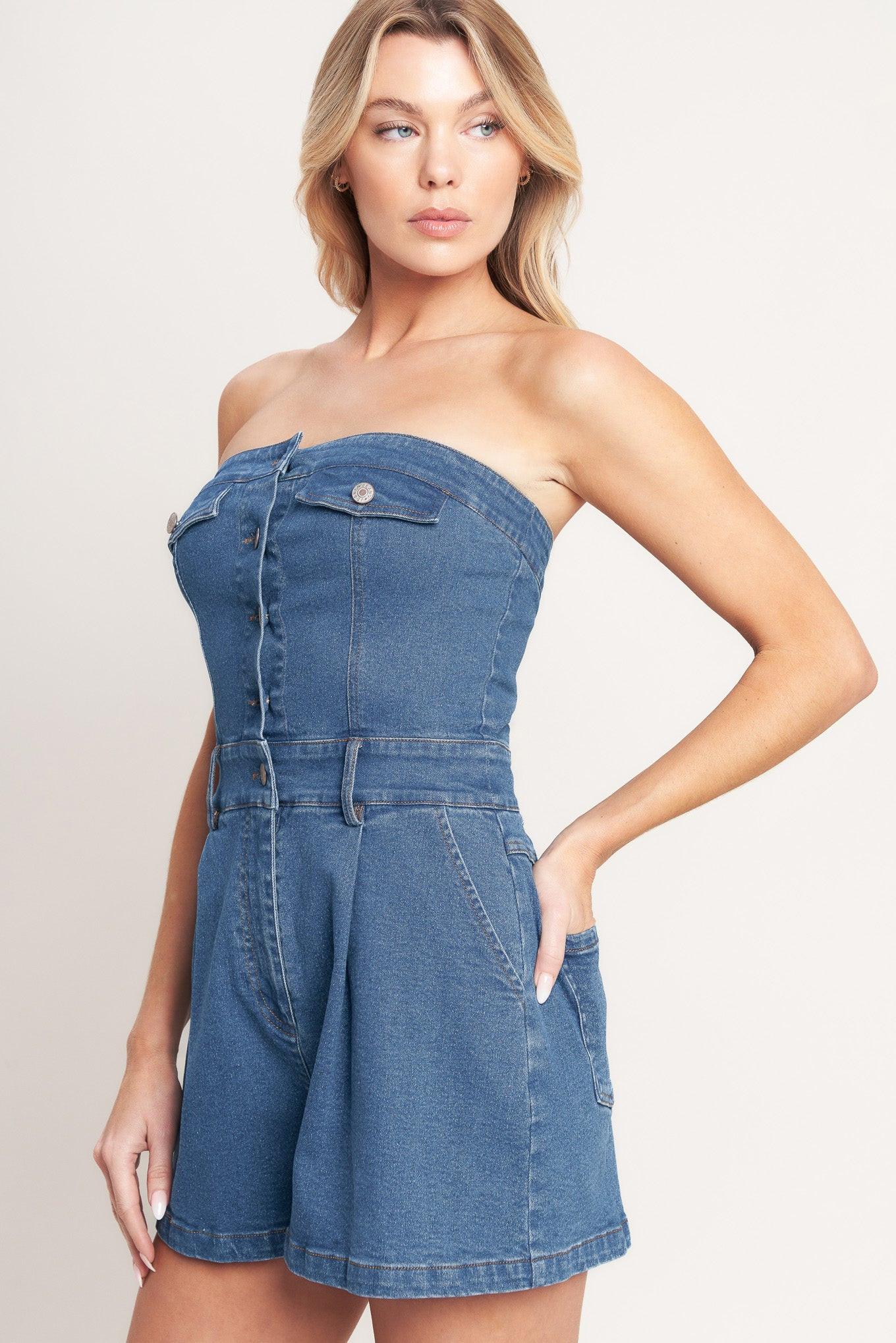 WEEKEND CRUSH DENIM ROMPER Flying Tomato