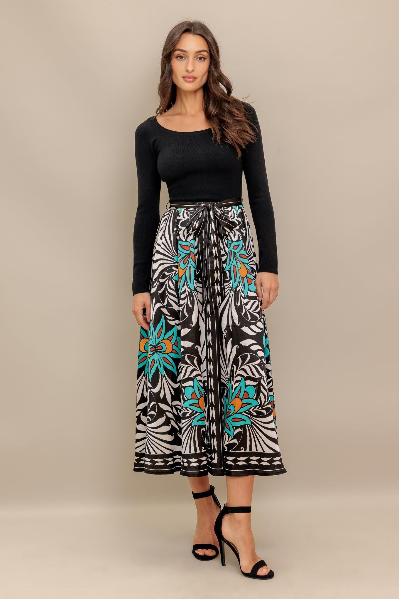 SUNBURST GARDEN BLACK MIDI DRESS Flying Tomato