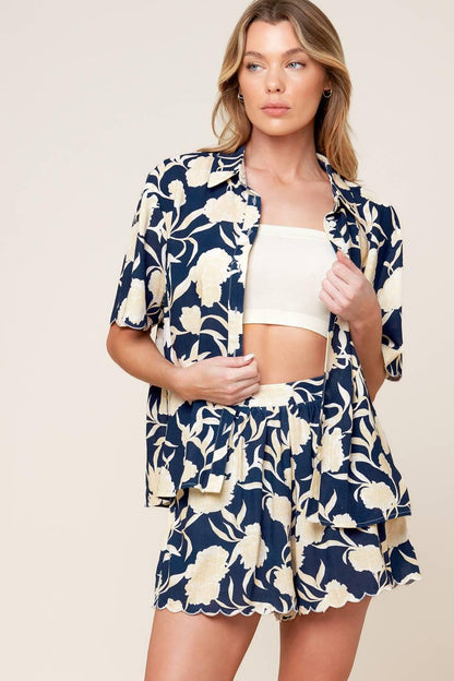 SLOW MORNINGS NAVY WOVEN TOP AND SHORTS SET Flying Tomato