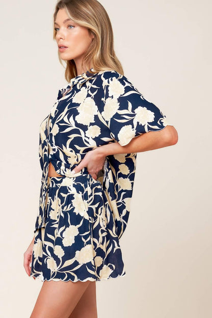 SLOW MORNINGS NAVY WOVEN TOP AND SHORTS SET Flying Tomato