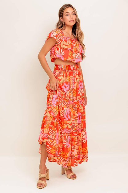 FAINT SUNBEAM RED WOVEN TOP AND SKIRT SET Flying Tomato