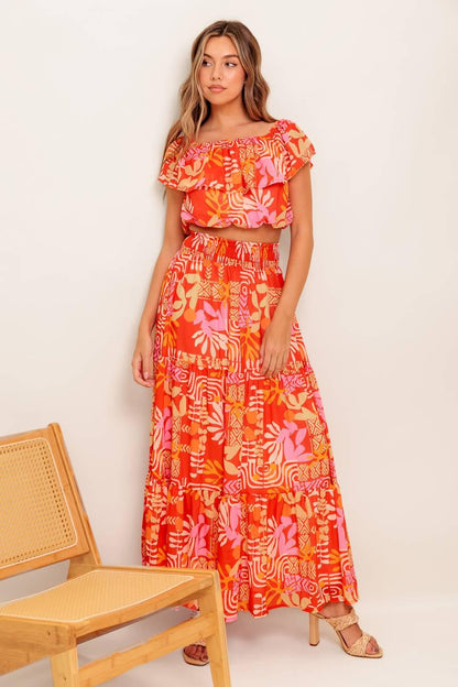 FAINT SUNBEAM RED WOVEN TOP AND SKIRT SET Flying Tomato