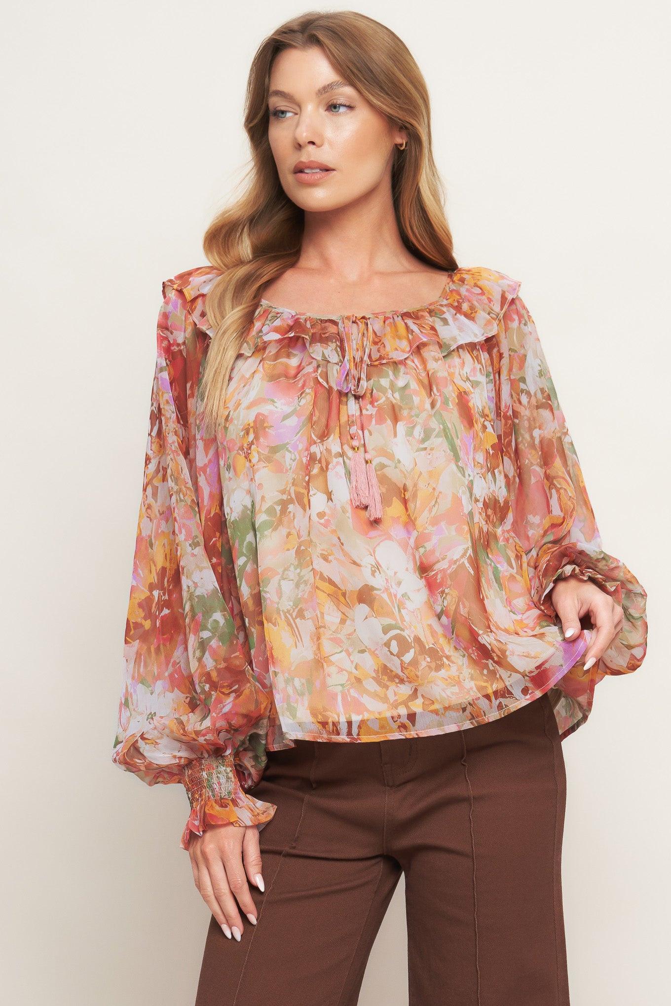 SOFT FLORAL RUST WOVEN TOP Flying Tomato