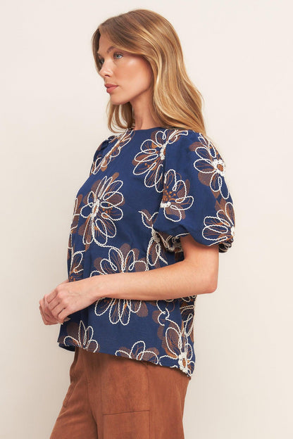 RETRO BLOOM PUFF SLEEVE WOVEN TOP Flying Tomato