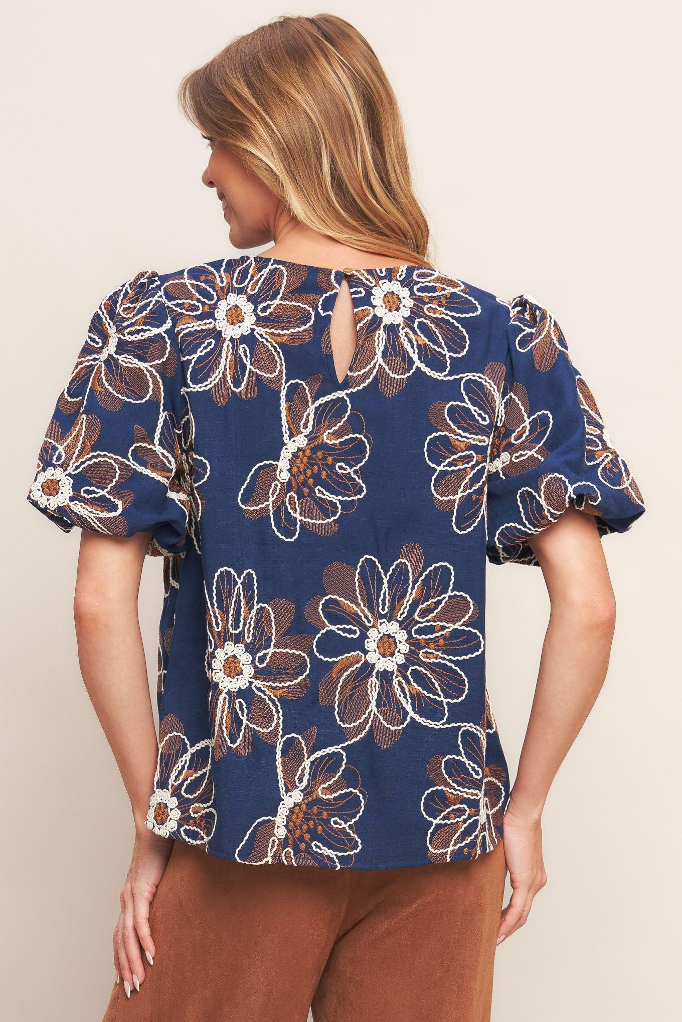 RETRO BLOOM PUFF SLEEVE WOVEN TOP Flying Tomato