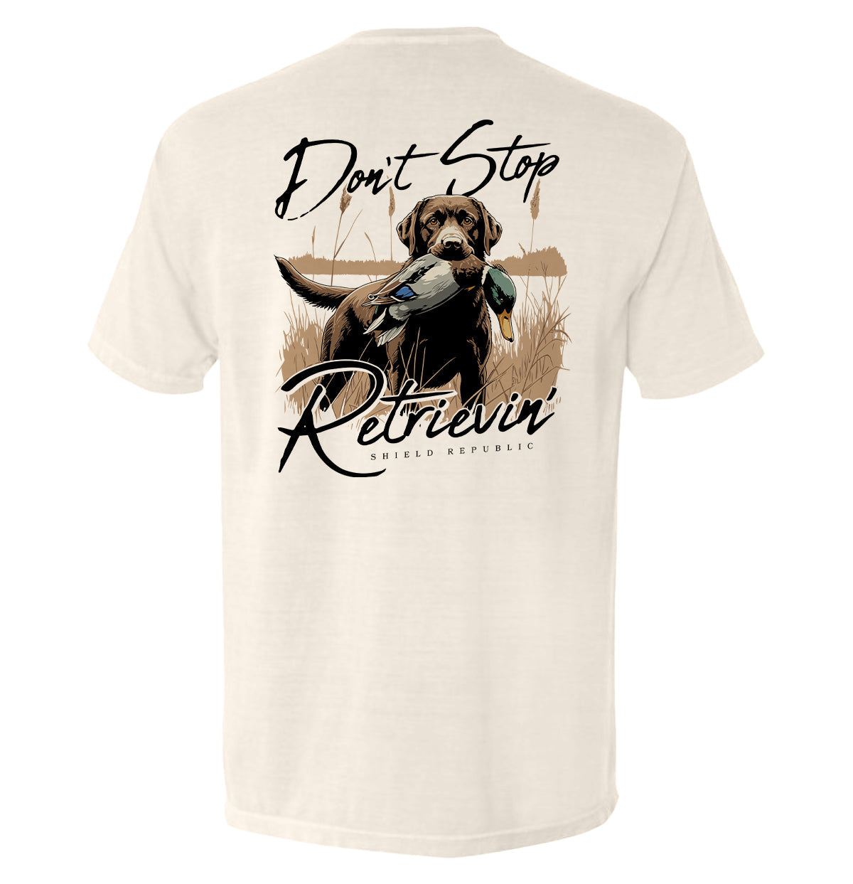 Don't Stop Retrievin' Chocolate Lab Shield Republic