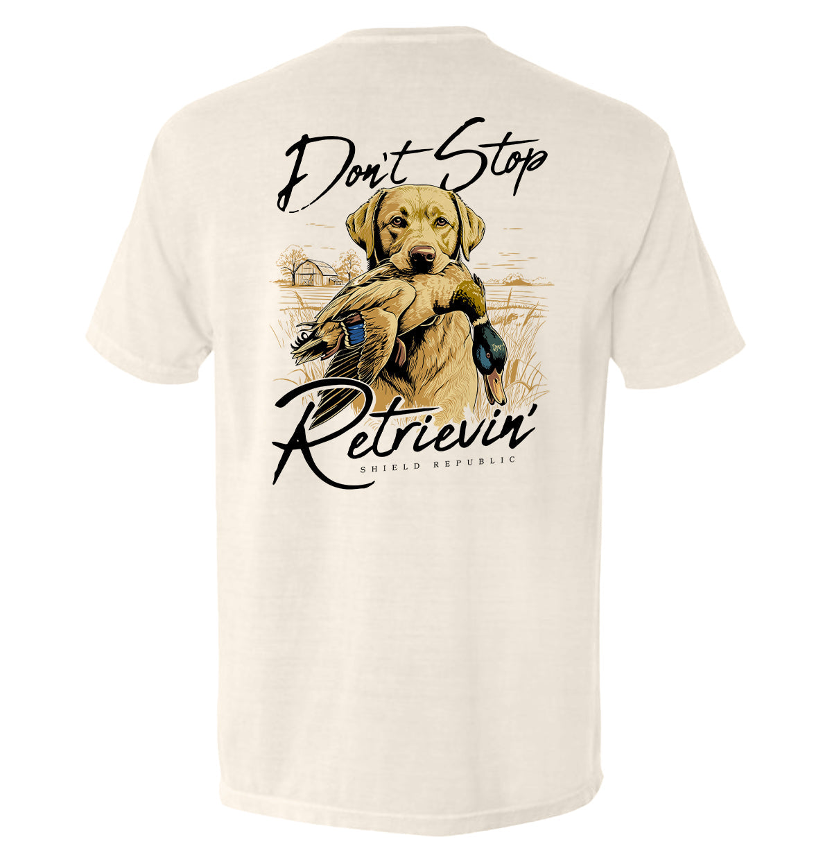 Don't Stop Retrievin Yellow Lab Shield Republic