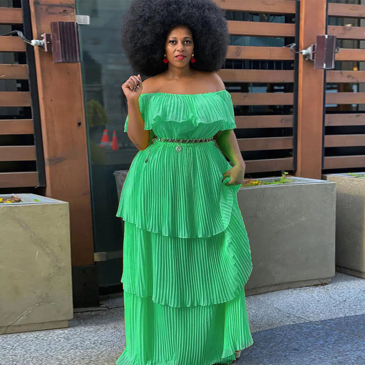 Plus Size Solid Color Off Shoulder Tiered Dress