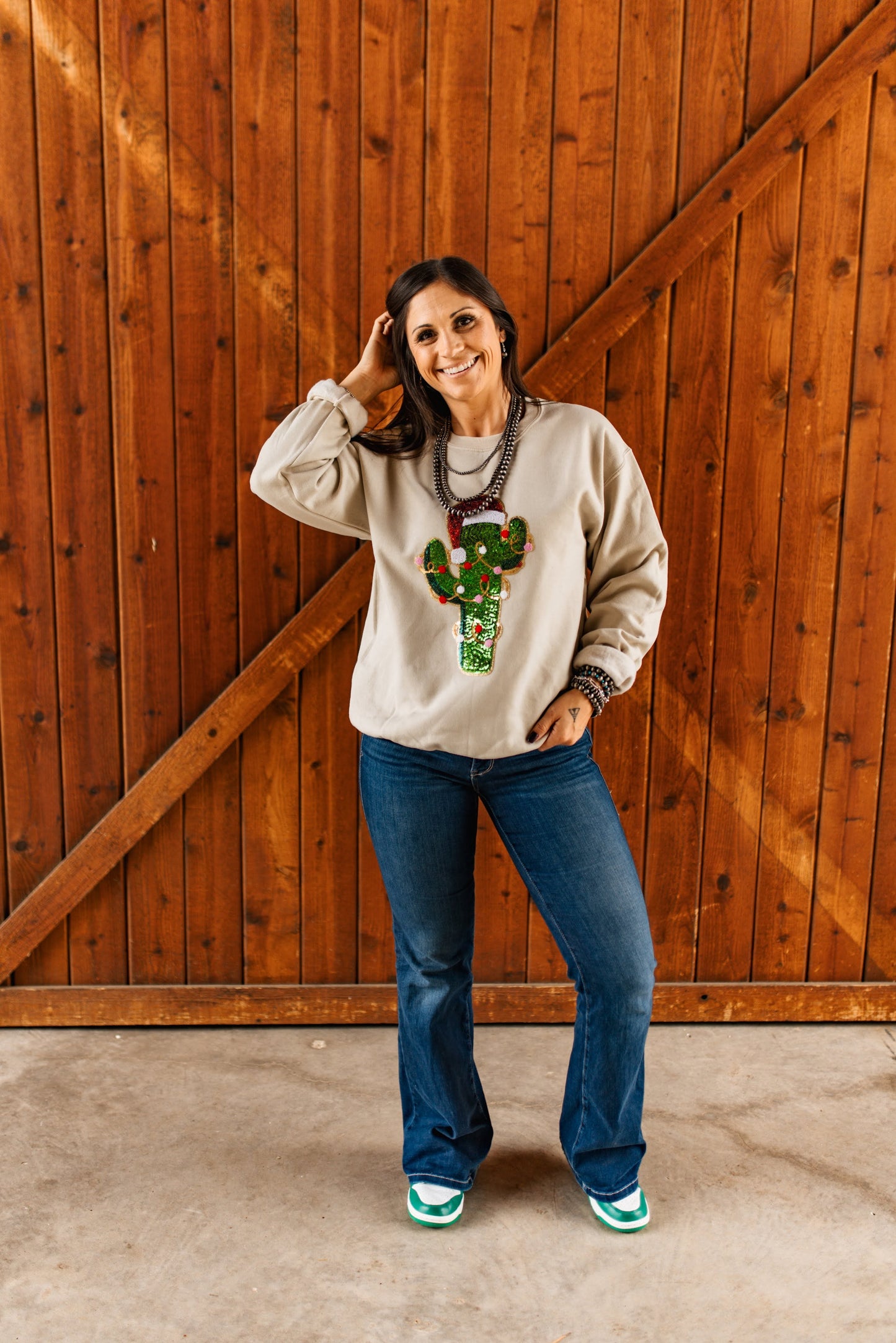 Christmas Cactus Sequins Patch Sweatshirt Wild Junkie