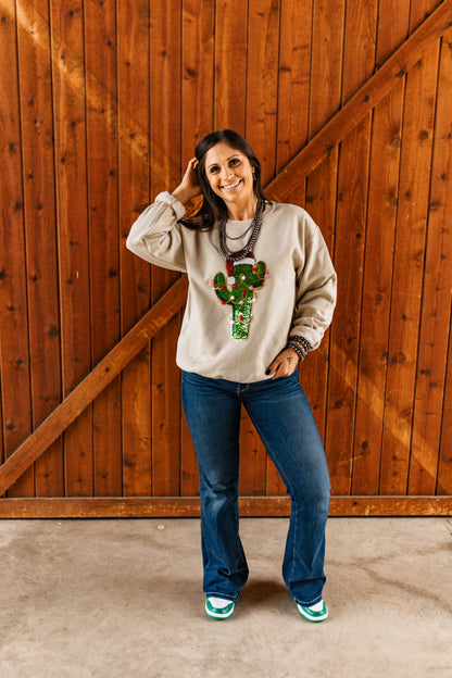 Christmas Cactus Sequins Patch Sweatshirt Wild Junkie