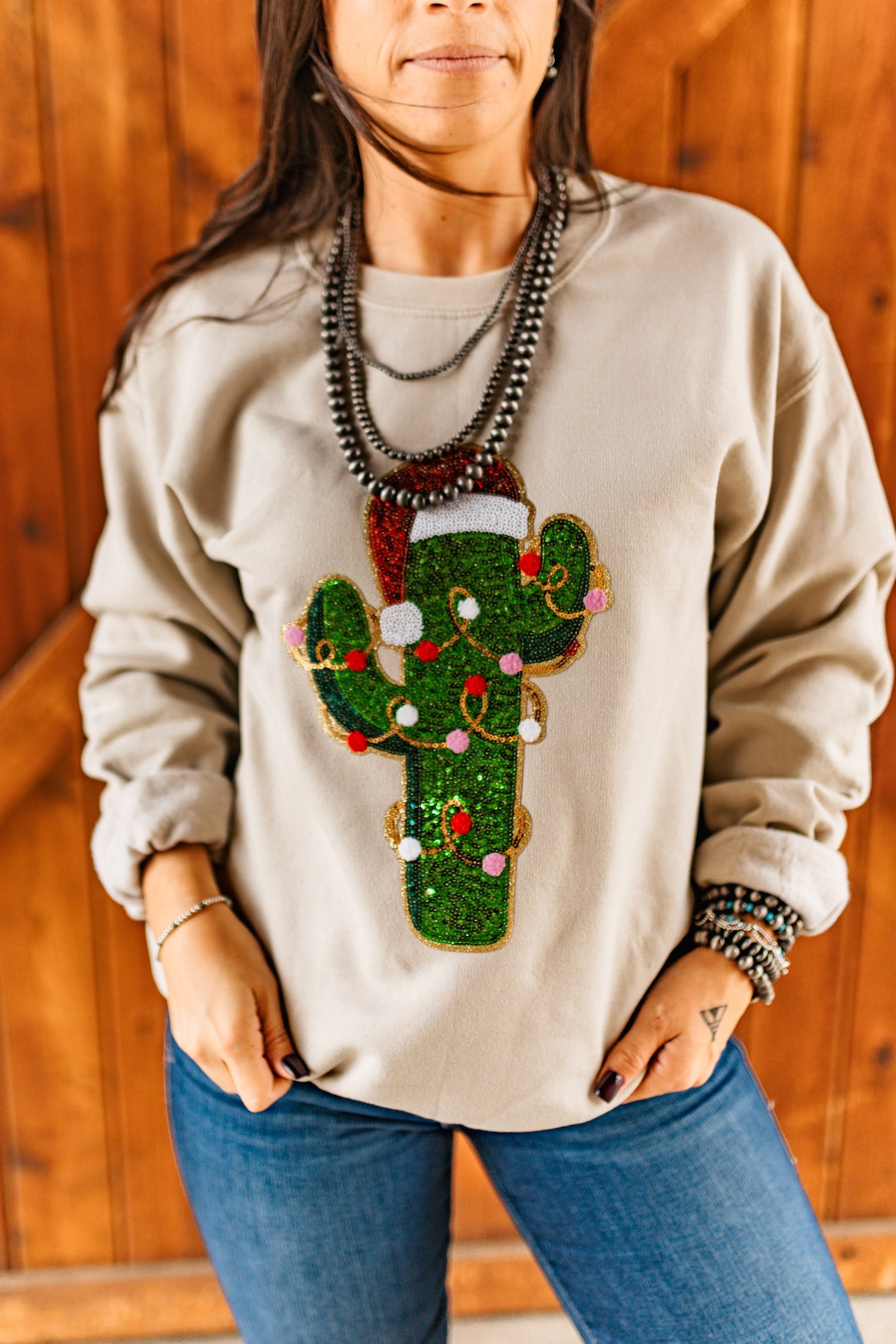 Christmas Cactus Sequins Patch Sweatshirt Wild Junkie