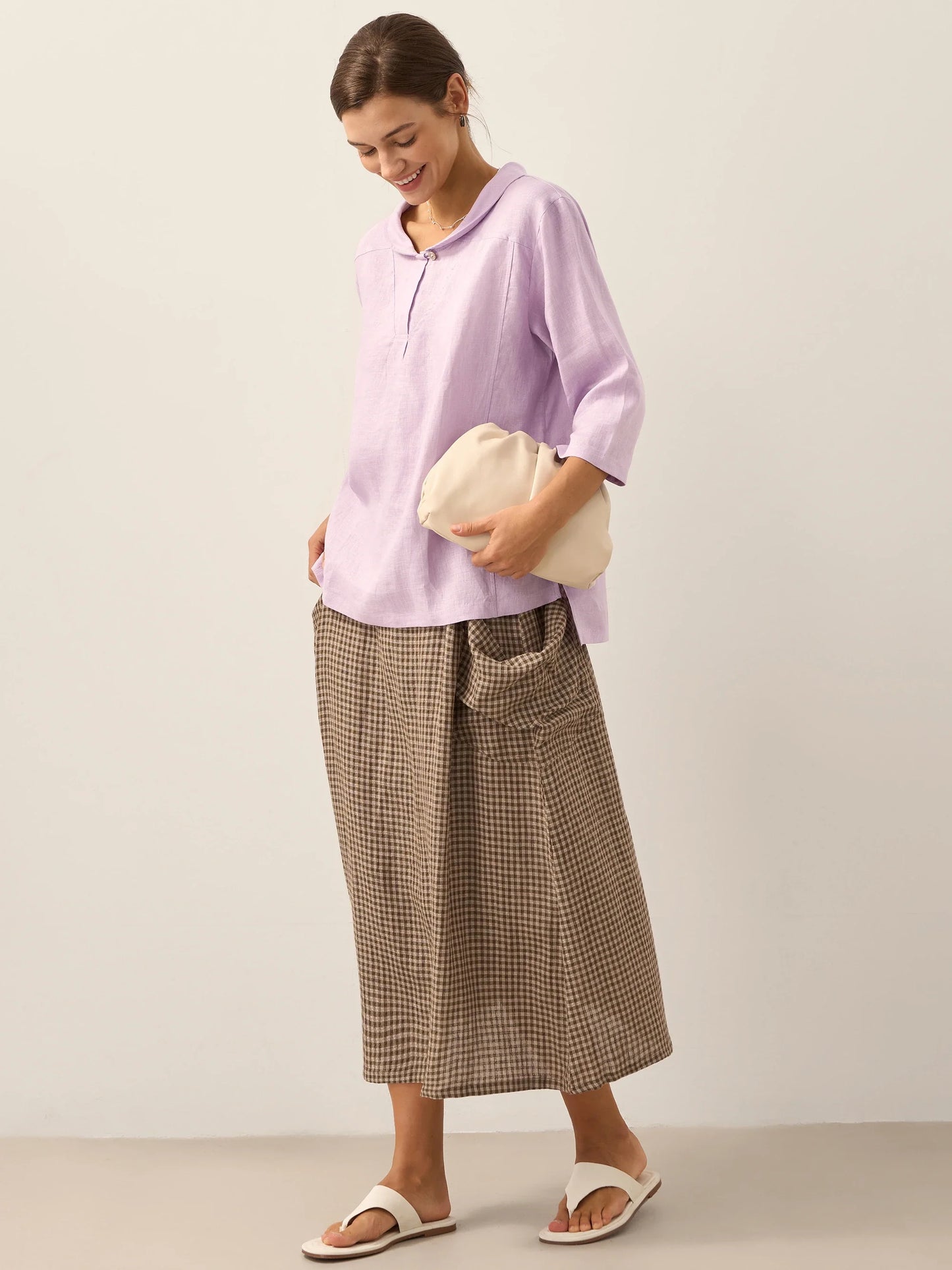 100% Linen Shawl V-Neck Half Sleeve Top JADE LINTICO