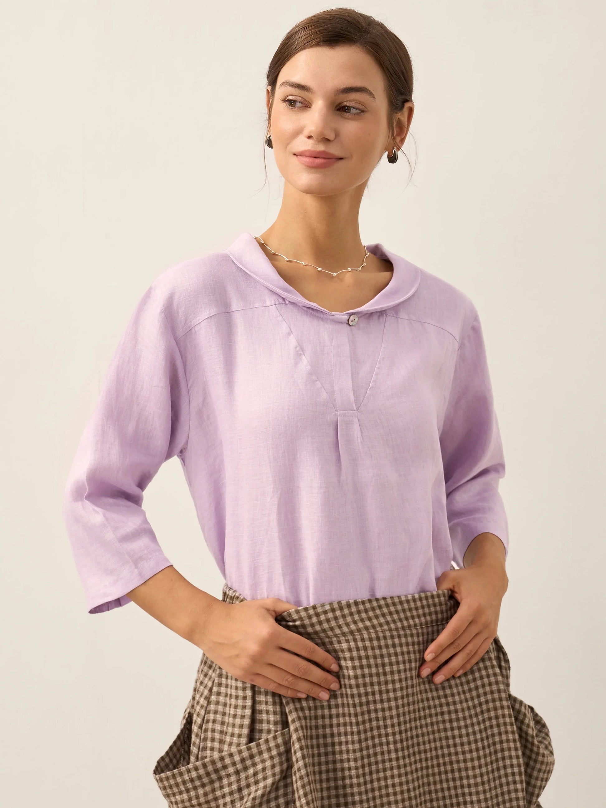 100% Linen Shawl V-Neck Half Sleeve Top JADE LINTICO