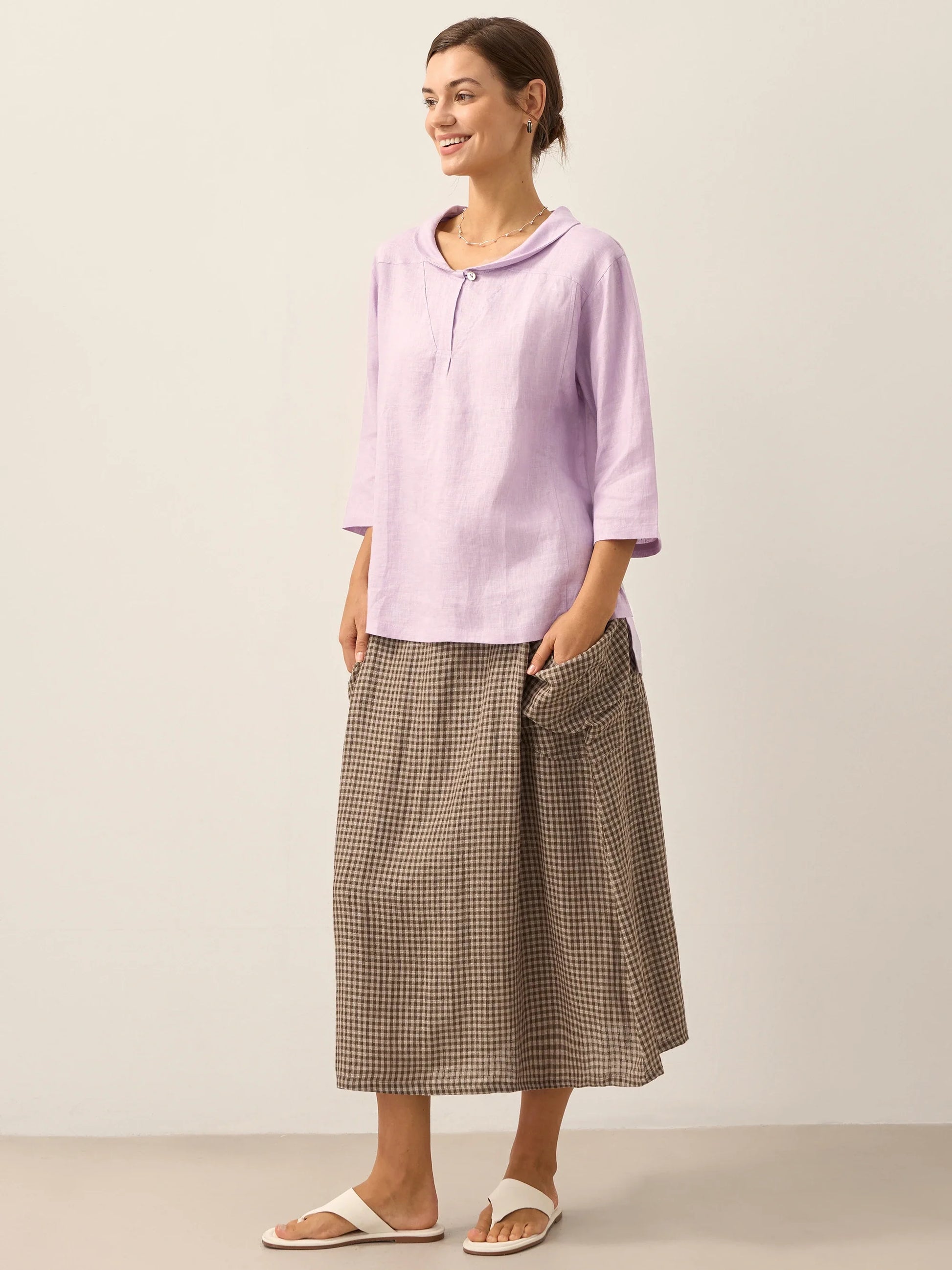 100% Linen Shawl V-Neck Half Sleeve Top JADE LINTICO