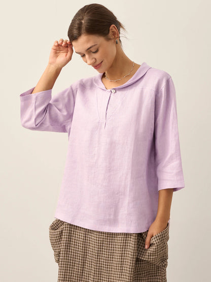 100% Linen Shawl V-Neck Half Sleeve Top JADE LINTICO