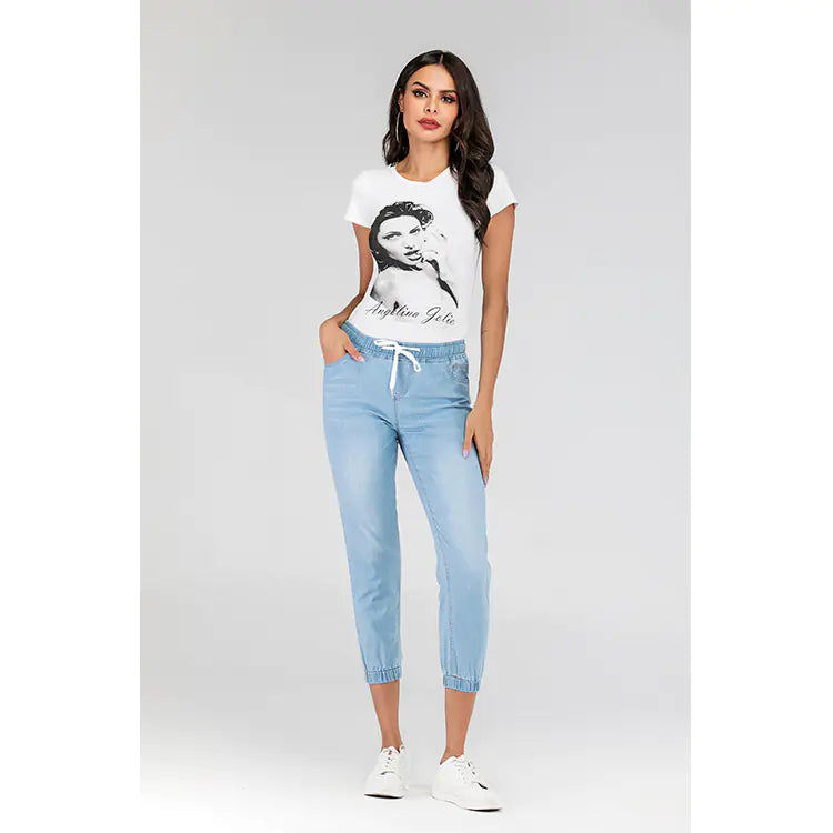Women's Washed Lantern Denim Pants with Drawstring