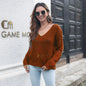 Hollow Leaf V-Neck Long Sleeve Knit Sweater