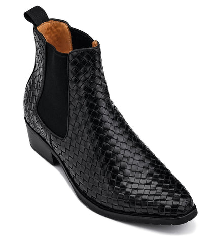 CALTO - K30521 - 3.3 Inches Taller (Black) - Woven Slip-On High-Top Chelsea Ankle Boots Tallmenshoes.com